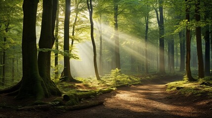 an image of a serene woodland with sunlight streaming through the canopy of trees