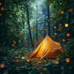 a bright orange tent set up in a lush green forest, high speed continuous shooting, with firefly...