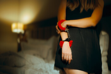 Detail of an Attractive Woman Wearing Red Handcuffs Accessories. Submissive girlfriend engaged in a seduction love game 
 - obrazy, fototapety, plakaty