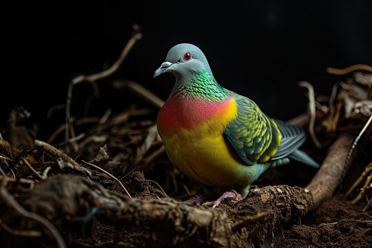 Pink-necked Green Pigeon standing in small root on the ground AI Generative