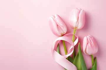 Beautiful pink tulips with pink ribbon on pastel pink background, top view, close up, space for text