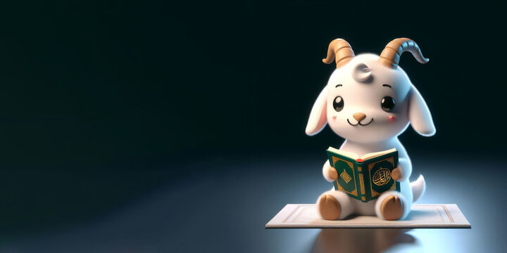 cute young goat sitting on a rug reading quran ramadan icon character 3d render illustration