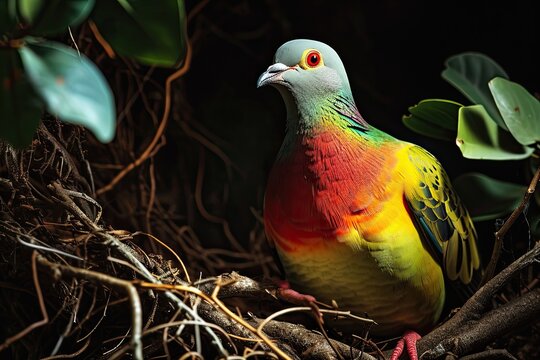 Pink-necked Green Pigeon with nest on the black background AI Generative