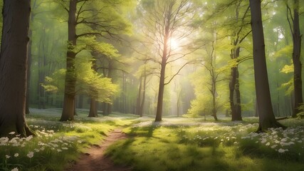 A serene woodland in the springtime illuminated by radiant sunlight