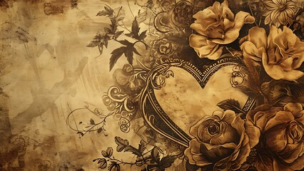 Fundo em detalhe vintage de coração com flores em sépia - obrazy, fototapety, plakaty