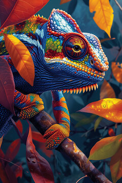 Colorful close up of a lizard, camelion in a tree