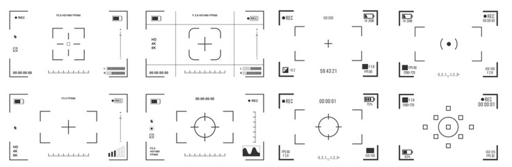 Big set of Video camera viewfinder . Camera display full hd format. Vector design.