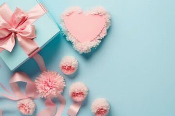 Fototapeta na wymiar Top flat lay photo of beautiful present boxes with pink ribbon, carnation flowers with pink paper hearts on pastel blue background with empty space for text or, Generative AI 
