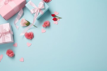 Top flat lay photo of beautiful present boxes with pink ribbon, carnation flowers with pink paper hearts on pastel blue background with empty space for text or, Generative AI 