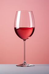 A glass of red wine on a gray table on a pink background.