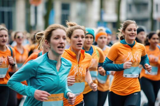 ladies running a running race in the city