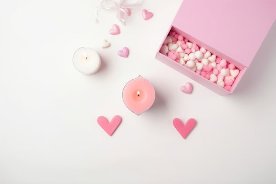 St Valentine's Day concept. Top view photo of pink present box heart shaped marshmallow candles inscription love and sprinkles on isolated white background with empty, Generative AI 