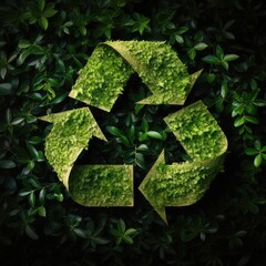 Recycling symbol on green plants background, closeup.