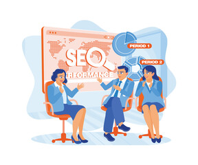 Diverse young business people clapping while sitting in the conference room. View LCD screen with SEO performance. SEO concept. rend Modern vector flat illustration