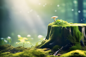 A tree stump decorated with moss in a magical forest - a beautiful image that symbolizes nature's resilience generative ai