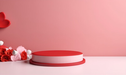 Round podium for romantic holiday gift box on red background.AI Generative
