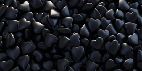 Heart background hearts of different shapes and colors Many glittering black hearts on a black wooden floor.3d render.AI Generative
