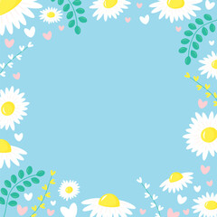 Pastel blue background with daisies, twigs and hearts. Elegant floral card with copy space. Flat lay.