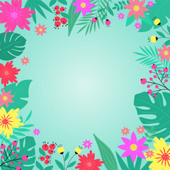 Fototapeta na wymiar Summer tropical background with flowers and leaves, plants and berries. Trendy abstract square art floral template. Copy space. Hand drawn colorful vector illustration.