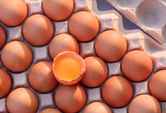 Flat lay of one cracked egg with yolk on top of fresh brown chicken eggs in carton tray, top view raw organic food background with copy space 