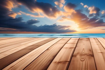 Fototapeta na wymiar Wooden board empty table background in the beach sky - images of the peace and beauty of nature generative ai