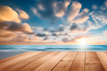 Fototapeta na wymiar Wooden board empty table background in the beach sky - images of the peace and beauty of nature generative ai