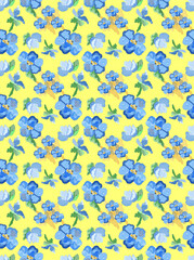Digital Watercolor Painting in Blue and Yellow Seamless Pattern
