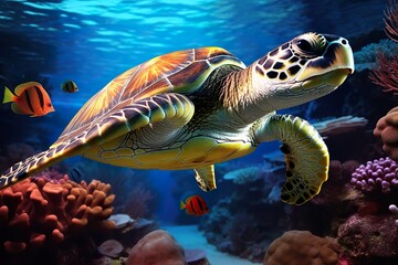 Fototapeta premium sea turtle swimming in the underwater sea , small nemo fish , colorfull coral 