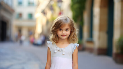 Young girl with a sweet smile standing in a sunlit urban alley during summertime.