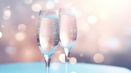 Elegant champagne glasses filled with bubbles, with a soft pink bokeh background for a festive occasion.