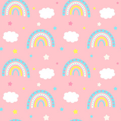 Seamless pattern with stars, boho rainbows and clouds. Celestial childish print on pink background.