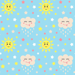 Seamless pattern with stars, kawaii cloud and sun. Celestial childish print on pastel blue background.