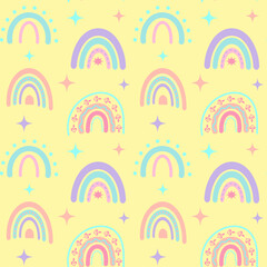 Seamless pattern with boho rainbows and stars. Celestial childish print on pastel yellow background.