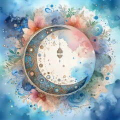 Hand drawn watercolor illustration with moon and lanterns. Ramadan Kareem greeting card. Ramadan kareem, eid mubarak, muslim and eid fitr concept.