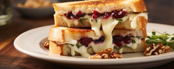This tantalizing food shot highlights a gourmet grilled cheese overloaded with a medley of ooeygooey cheeses, including gooey fontina, sharp provolone, and creamy taleggio, sandwiched between - Powered by Adobe