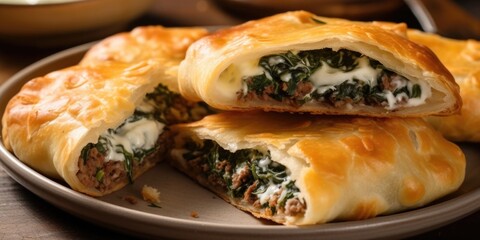 Delicate and crispy borekas, a popular Israeli pastry, filled with a variety of delicious fillings such as cheese, spinach, or ed ground beef, making each bite a delightful surprise of flavors.