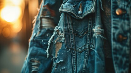 A jumpsuit made from repurposed jeans, featuring contrasting patches and frayed edges for a trendy and edgy look. - obrazy, fototapety, plakaty