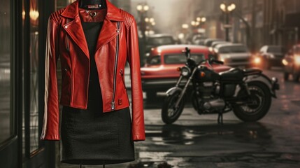 Vintage and modern This ensemble brings together two classic pieces a red leather motorcycle jacket and a little black dress with contemporary stiletto heels for a unique and stylish look. - obrazy, fototapety, plakaty