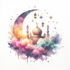 Ramadan Kareem greeting card with mosque and moon. Watercolor illustration. Ramadan kareem, eid mubarak, muslim and eid fitr concept.