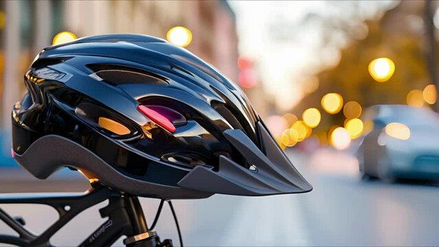 Upclose image of a bike helmet adorned with reflective stickers for safe city riding.