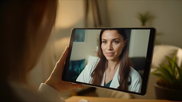 Detailed shot of the webcam on a tablet, capturing a patients face during a telehealth consultation.