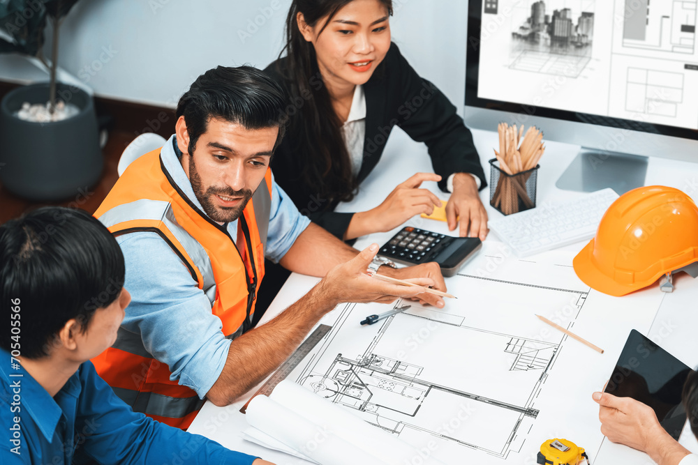 Poster diverse group of civil engineer and client working together on architectural project, reviewing cons