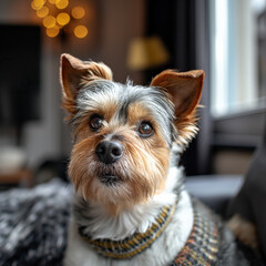 Cute little dog watching eagerly television