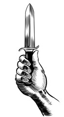 Hand with dagger. Retro styled hand-drawn black and white illustration