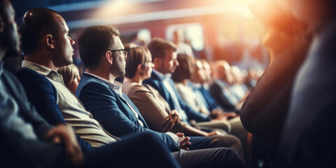 A group of professionals attentively listening to a speaker at a business conference or educational seminar.
