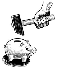 Hand with hammer breaking a piggy bank. Hand-drawn black and white illustration
