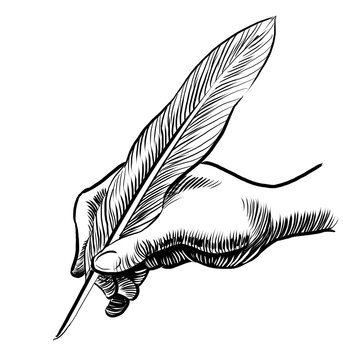 Hand with quill pen. Retro styled hand-drawn black and white illustration