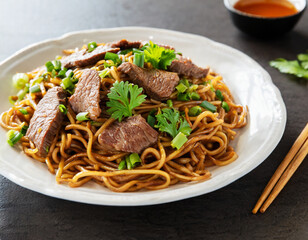 Close-up of stir-fried yakisoba noodles with beef.