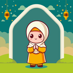 Illustration of a cute Muslim woman praying, with a flat vector concept