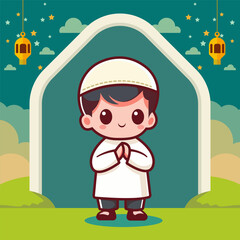 Illustration of a cute Muslim praying, with a flat vector concept